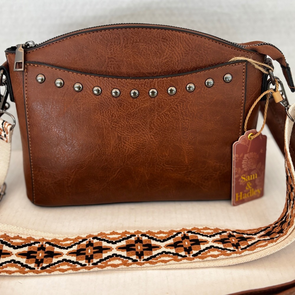 Sam & Hadley Crossbody Bag Womens Small Brown Studded Guitar Strap Faux Leather